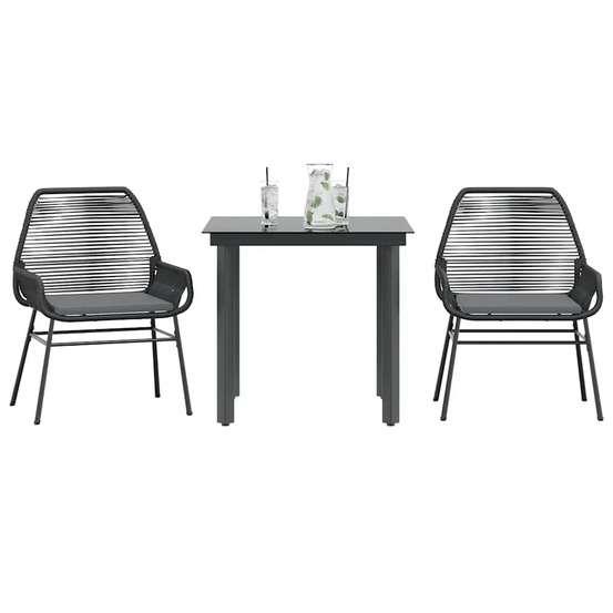 Ensemble à manger de jardin et coussins 3 pcs noir rotin verre