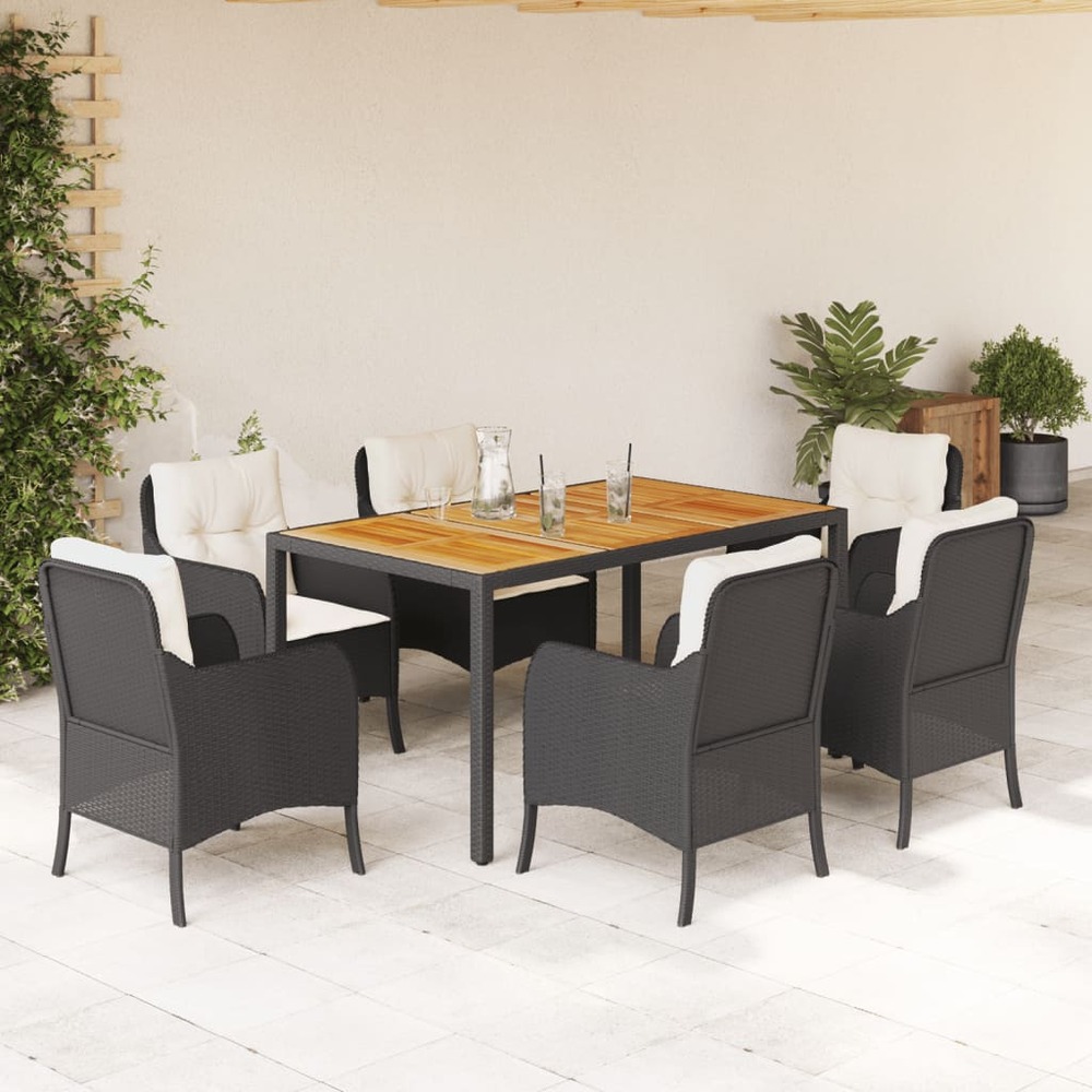 Ensemble à manger de jardin coussins 7pcs noir résine tressée