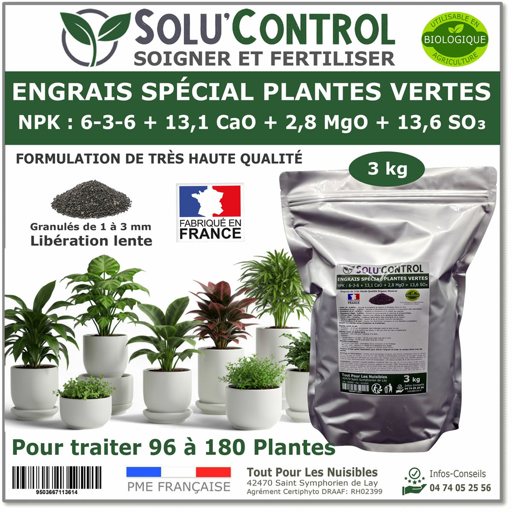 3 kg d'engrais spécial plantes vertes 6-3-6 - croissance, feuillage dense & vitalité - formulation organo-minerale