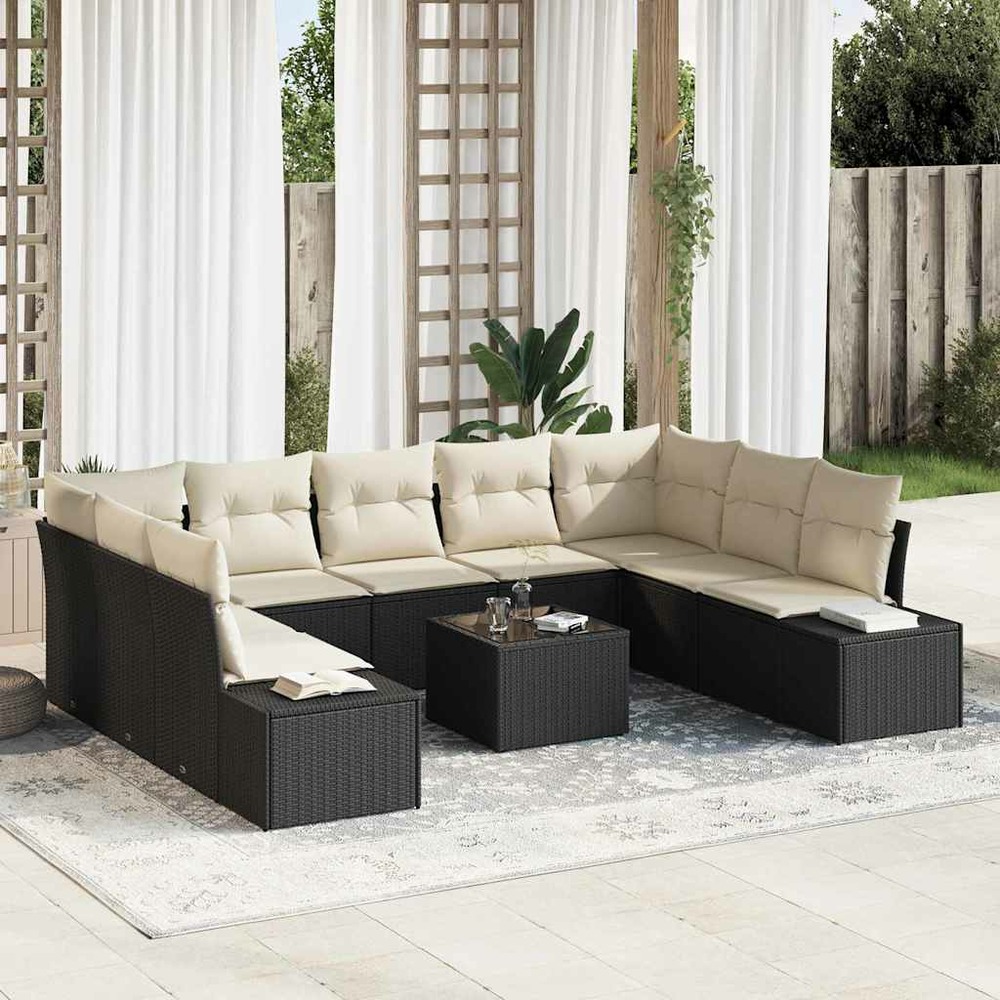 Ensemble de canapé de jardin avec coussin 10 pcs noir polyrotin