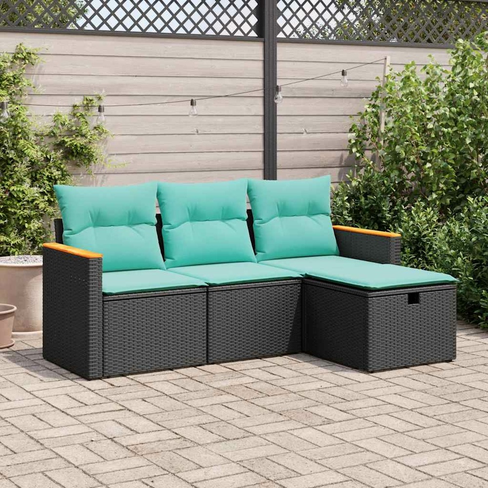Salon de jardin 4 pcs avec coussins noir résine tressée