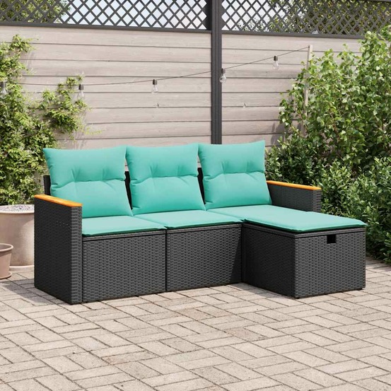 Salon de jardin 4 pcs avec coussins noir résine tressée