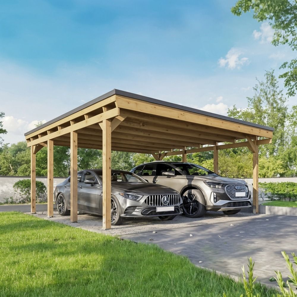 Carport bois castellane - 2 voitures - traitement autoclave - ancrage de fixation en h - bois de haute qualitée - poteaux 12x12 cm