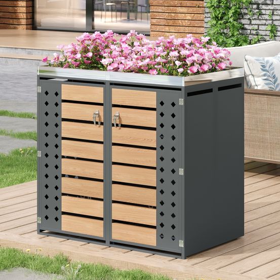 Cache-poubelle double acier galvanisé jardin jardinière intégrée 132x80x124cm gris - comfortxl outdoor living