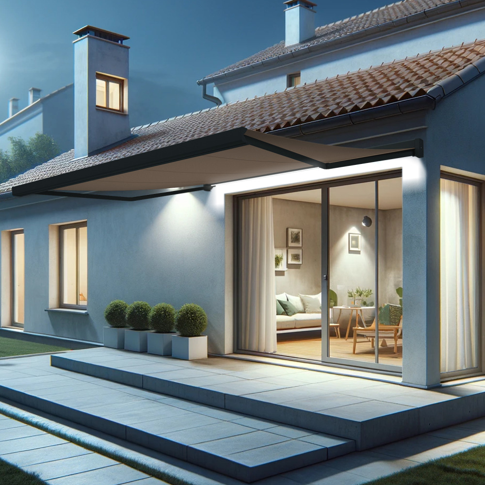 Store banne coffre intégral soa 4,10x3,50 m (motorisé secours à télécommande + led - gris anthracite stucturé ral7016st - taupe)