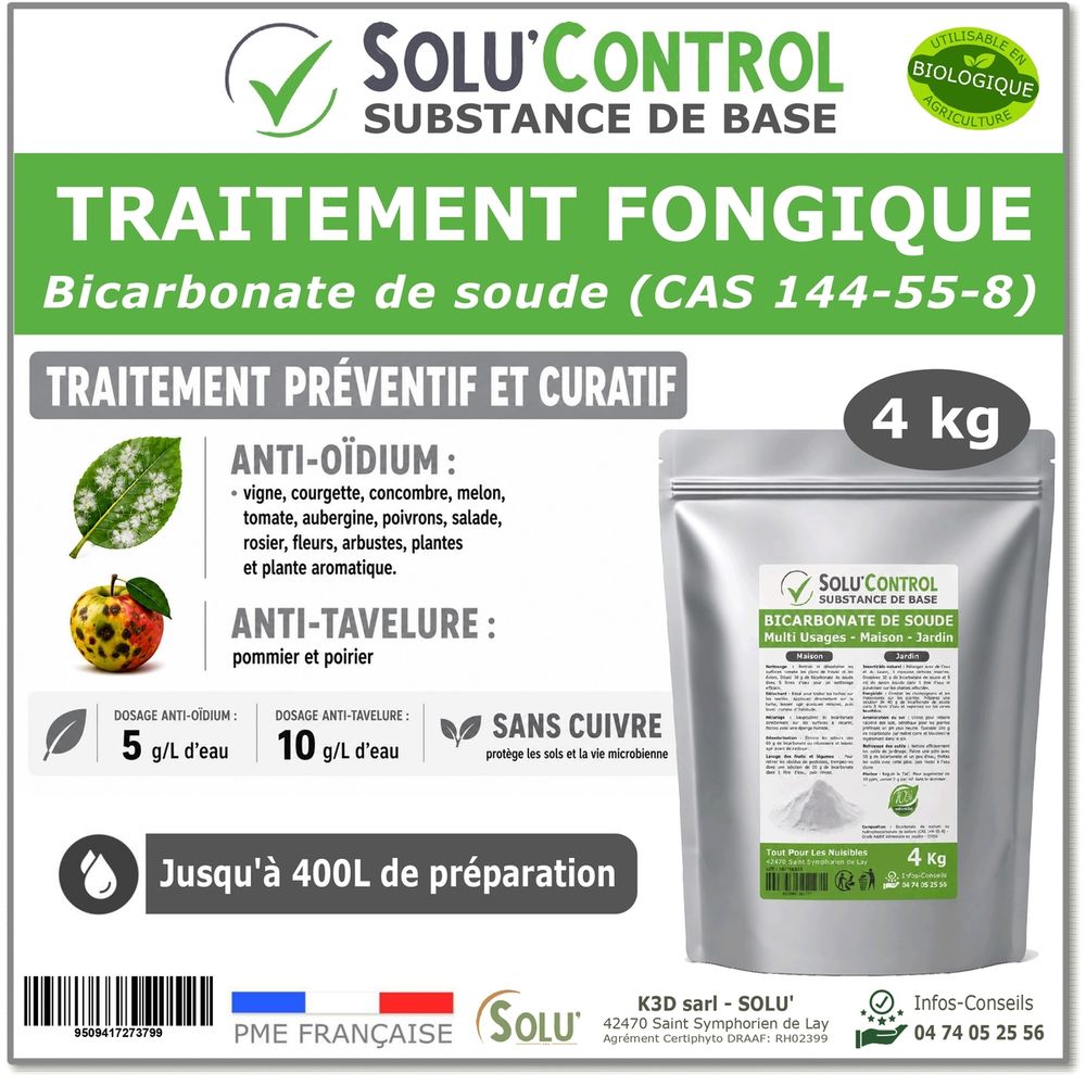 Solu'control bicarbonate de soude jardin 4 kg – traitement fongique naturel oïdium & tavelure- sans cuivre