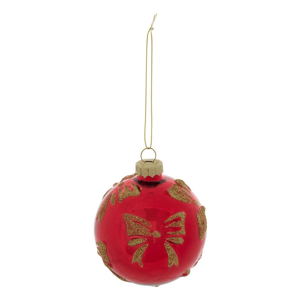 Boule de noël motif nœud doré en verre rouge d. 80 mm