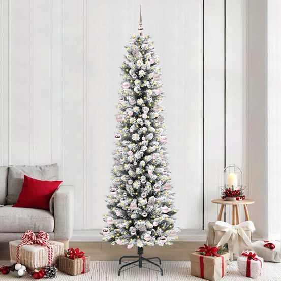Très grand sapin de noël 240 cm, pointes blanches effet neige, illuminé par 300 led