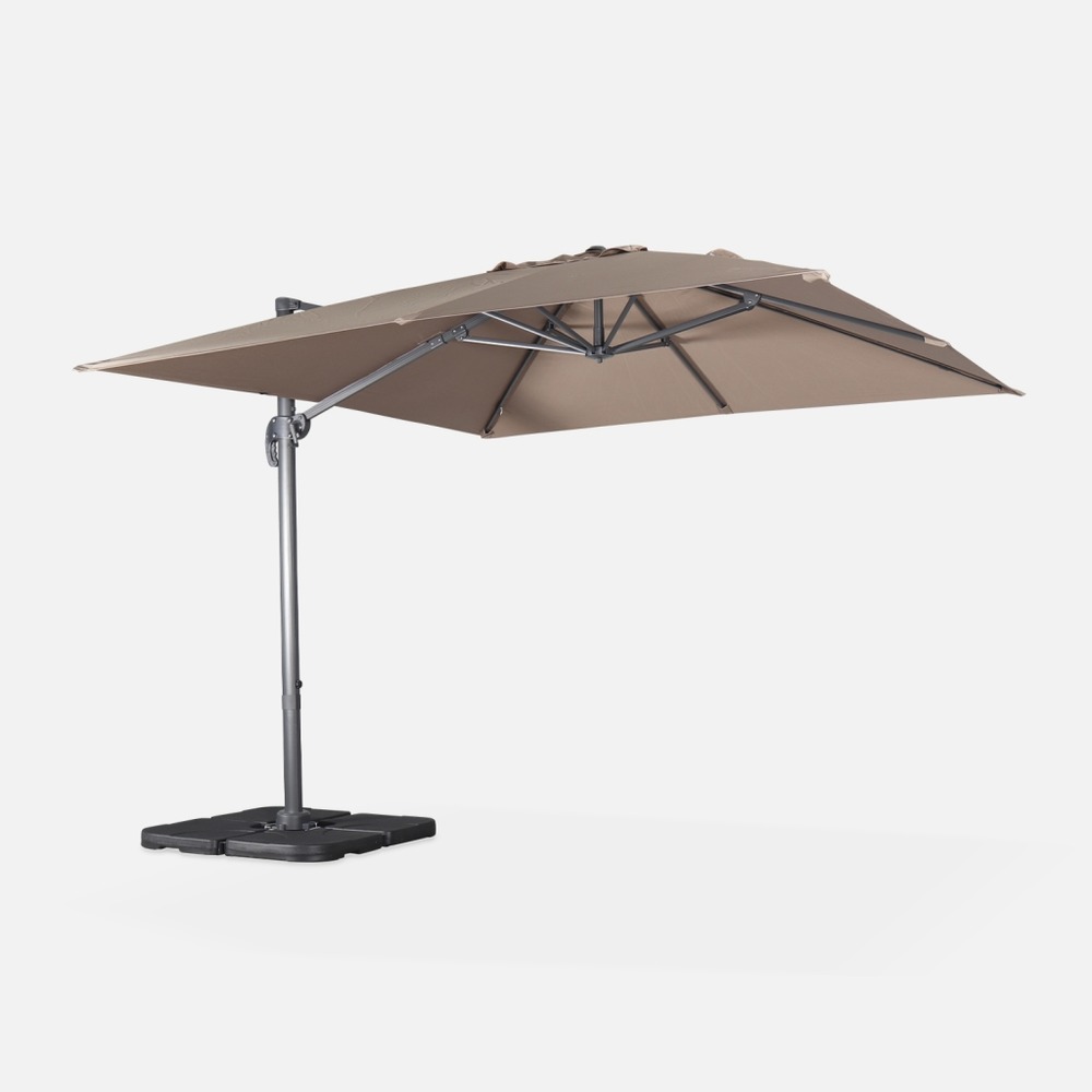 Parasol déporté carré 3x3m haut de gamme excentré inclinable rotatif à 360° + lot de 4 dalles à lester 50x50cm
