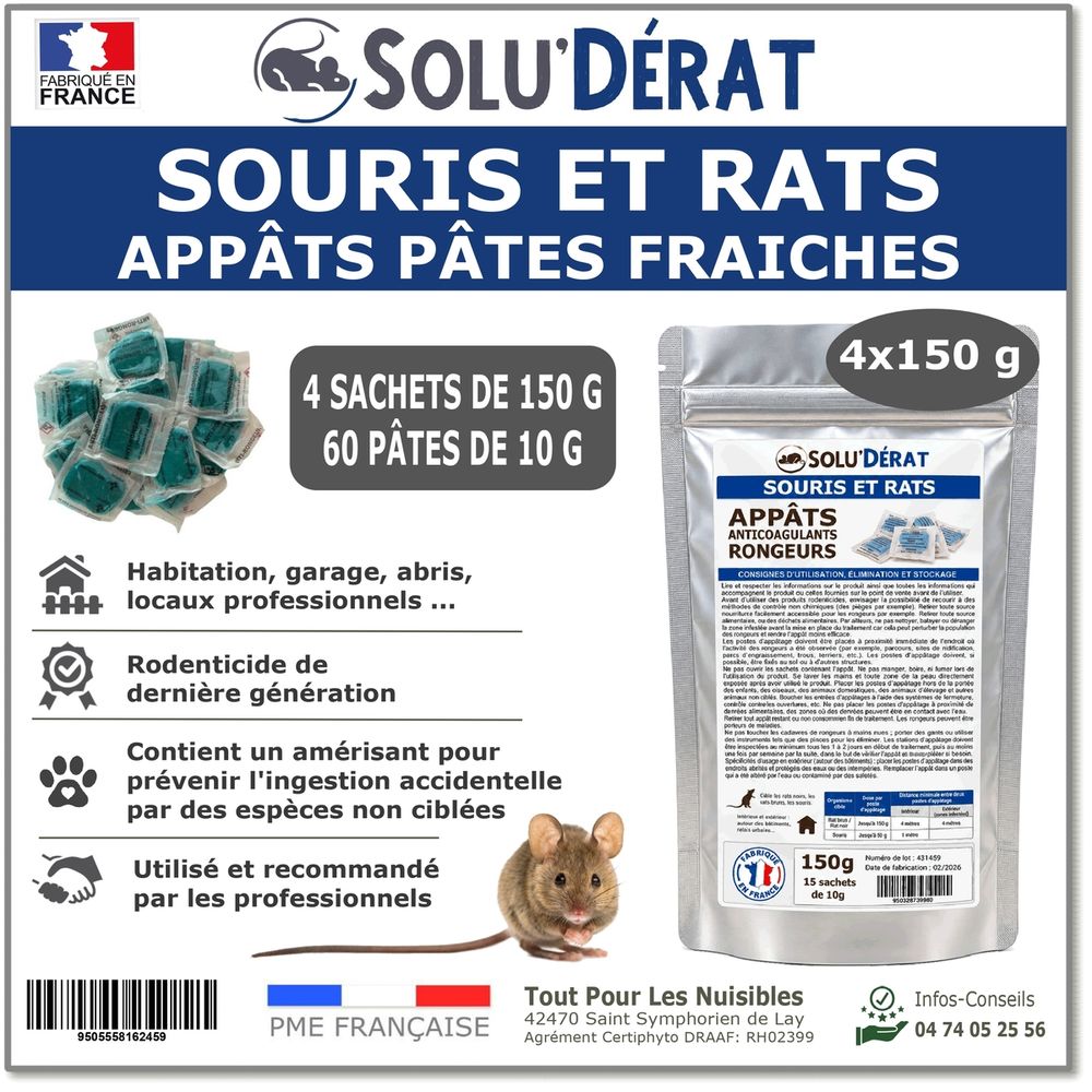 Solu'derat appâts pâtes fraîches rats & souris - 4 sachets 150 g soit 600 g / 60 pates - rodenticide au diféthialone 0,0025 %