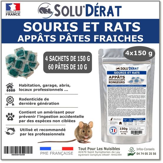 Solu'derat appâts pâtes fraîches rats & souris - 4 sachets 150 g soit 600 g / 60 pates - rodenticide au diféthialone 0,0025 %