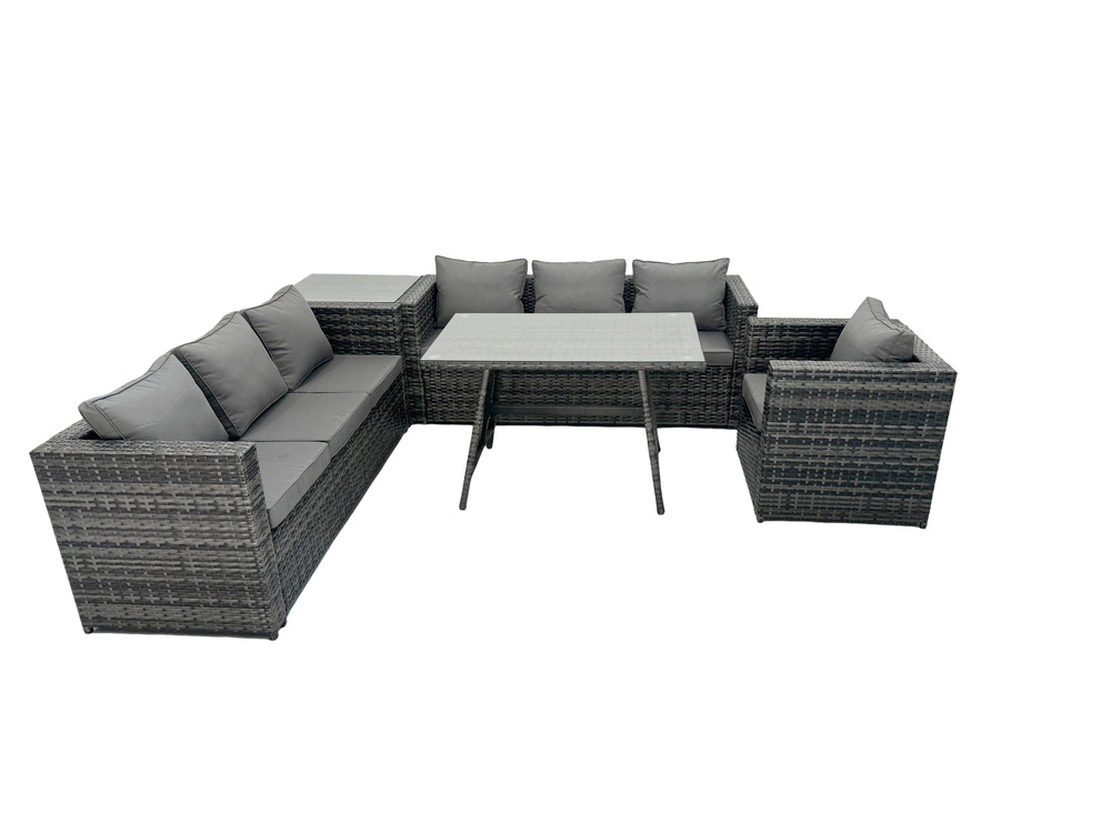 7 places ensemble de canapé en rotin extérieur avec table à manger table d'appoint fauteuil gris foncé mixte