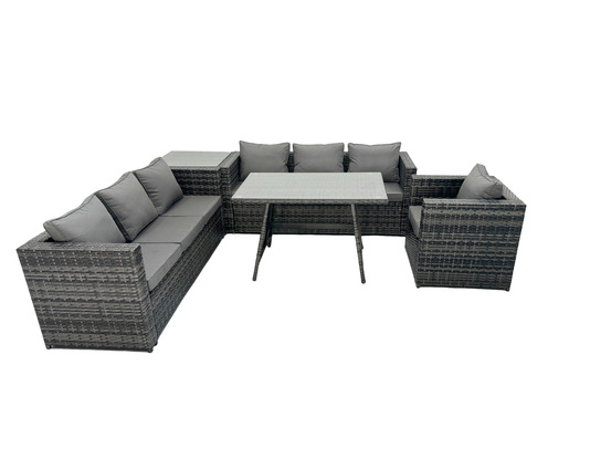 7 places ensemble de canapé en rotin extérieur avec table à manger table d'appoint fauteuil gris foncé mixte