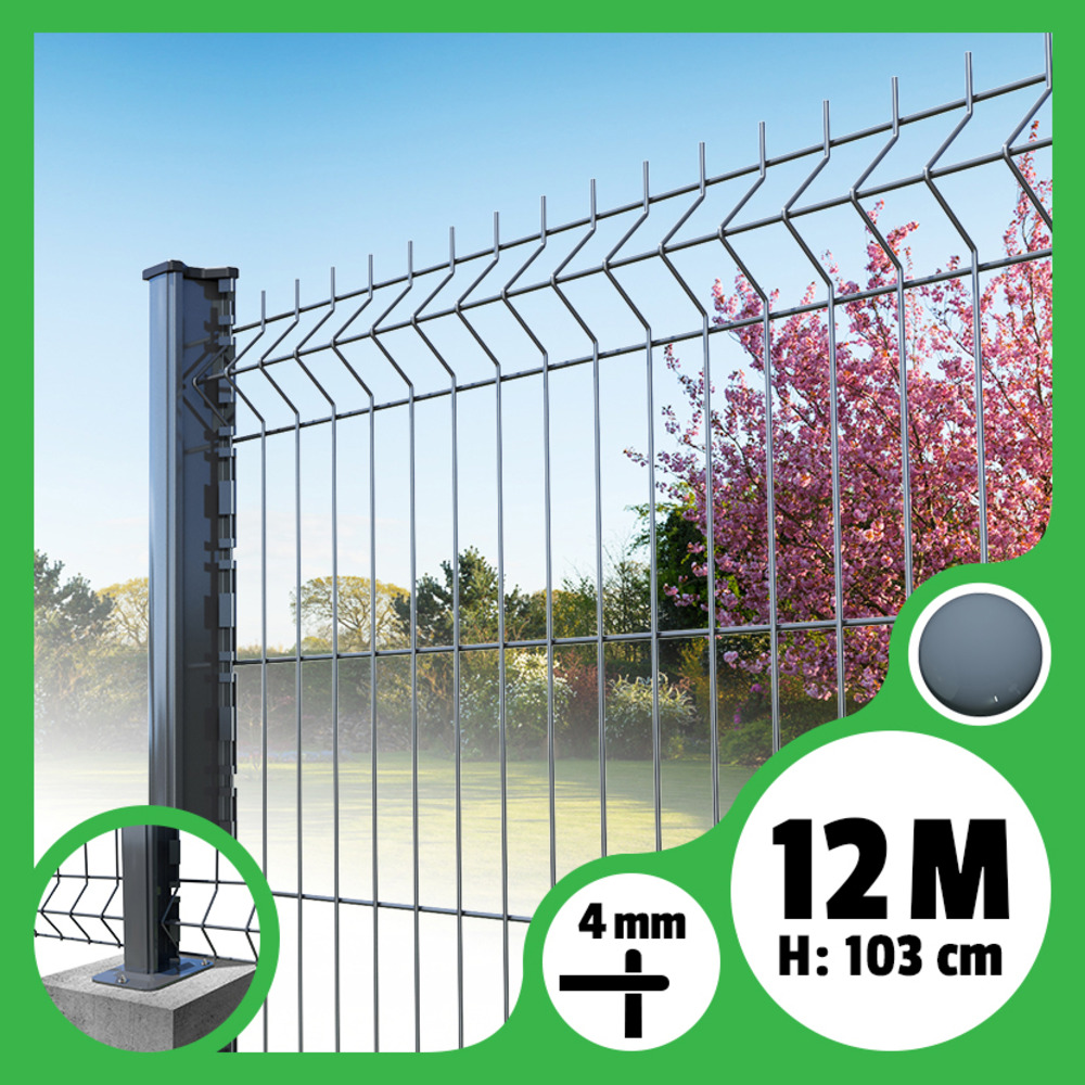 Kit grillage rigide poteaux h - longueur 12 mètres - 103 cm, gris anthracite, a visser sur platines