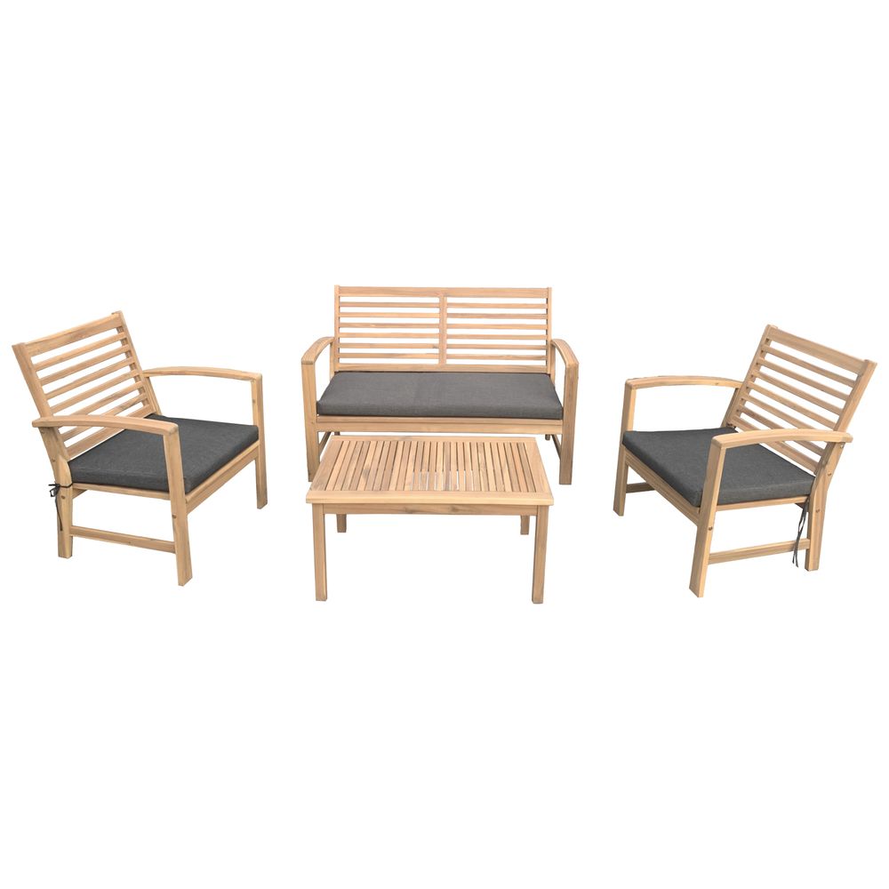 Salon de jardin en acacia massif 4 places goa - coussins gris