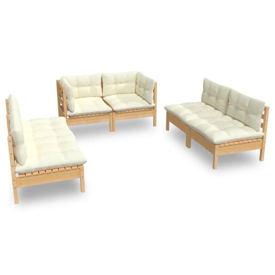 Salon de jardin 6 pcs avec coussins crème bois de pin massif
