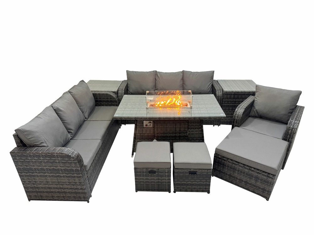 Salon de jardin table de foyer à gaz 3 places set intérieur extérieur avec 2 tables d'appoint 3 tabourets 10 places