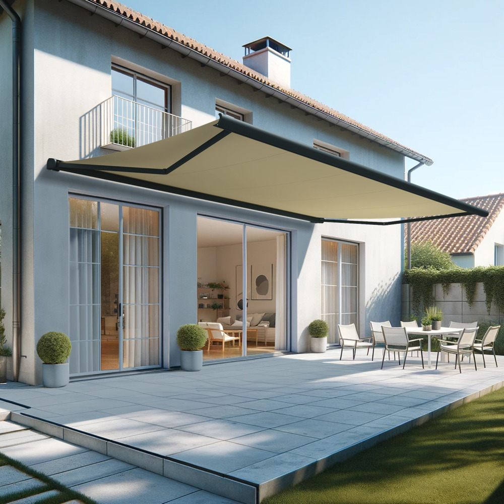 Store banne coffre intégral hevoa 6,00x3,50 m (motorisé secours à télécommande - gris anthracite stucturé ral7016st - écru)