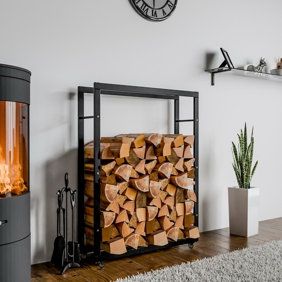 Support à bois keri avec roulettes 25x80x125