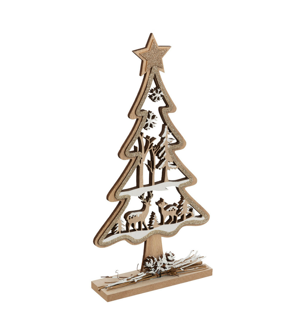 Déco de noël sapin en bois ajouré avec rennes et branches l 15.5 x h 28.5 cm