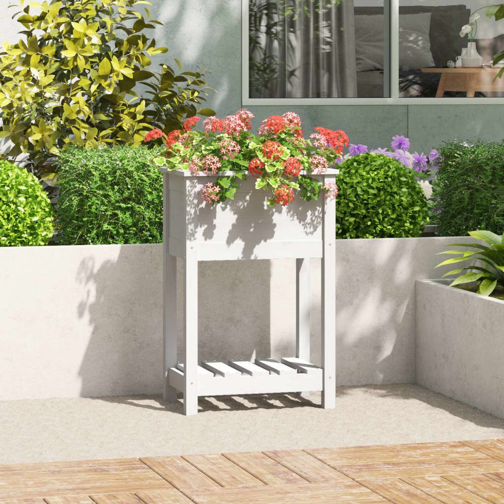 Jardinière surélevée bois avec étagère pour balcon terrasse blanc 54cm