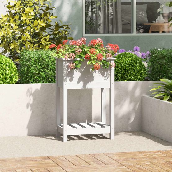 Jardinière surélevée bois avec étagère pour balcon terrasse blanc 54cm