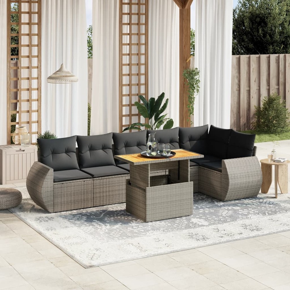 Salon de jardin avec coussins 7 pcs gris résine tressée