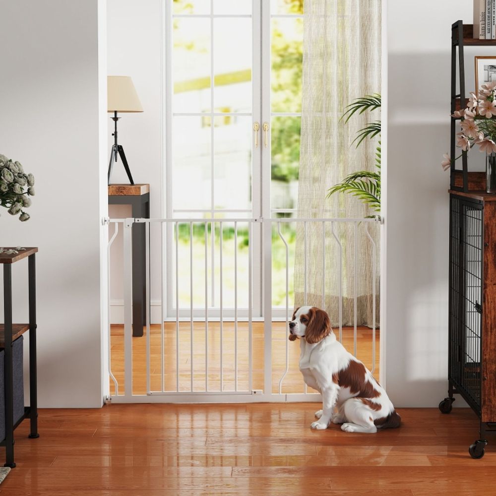 Barrière de sécurité acier abs pour chien extensible sans perçage 75-115x76cm blanc