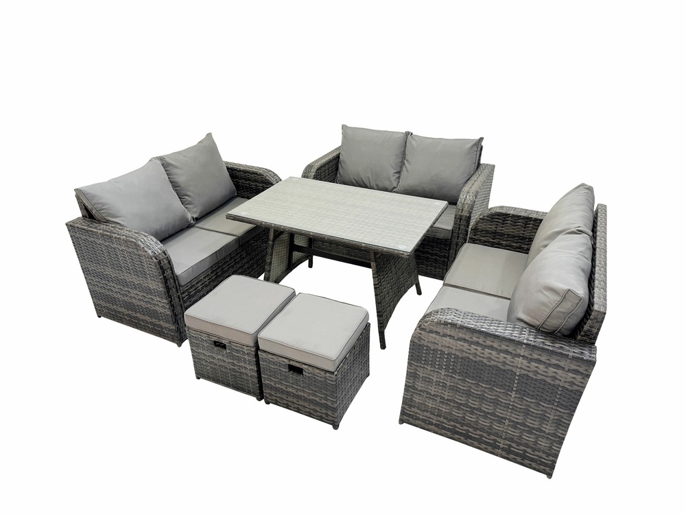 Salon de jardin exterieur 8 places avec canapé d'amour table à manger rectangulaire 2 petit pouf gris foncé mixte