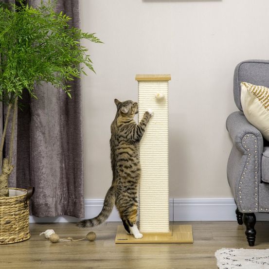 Poteau griffoir chat sisal naturel socle bois jouet suspendu 80cm beige - comfortxl pet living