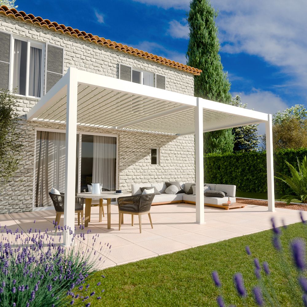 Pergola bioclimatique aluminium adossee 19m² - 3,6x5,3 - blanc - lames orientables de 0 à 120 degrés - halo 19