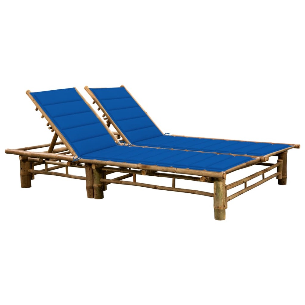 Transat chaise longue bain de soleil lit de jardin terrasse meuble d'extérieur pour 2 personnes avec coussins bambou 02_00129