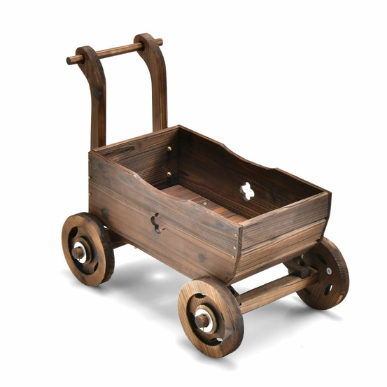 Brouette en bois décorative avec roues poignées trou de drainage support de pot de fleurs roulant rustique jardin balcon marr