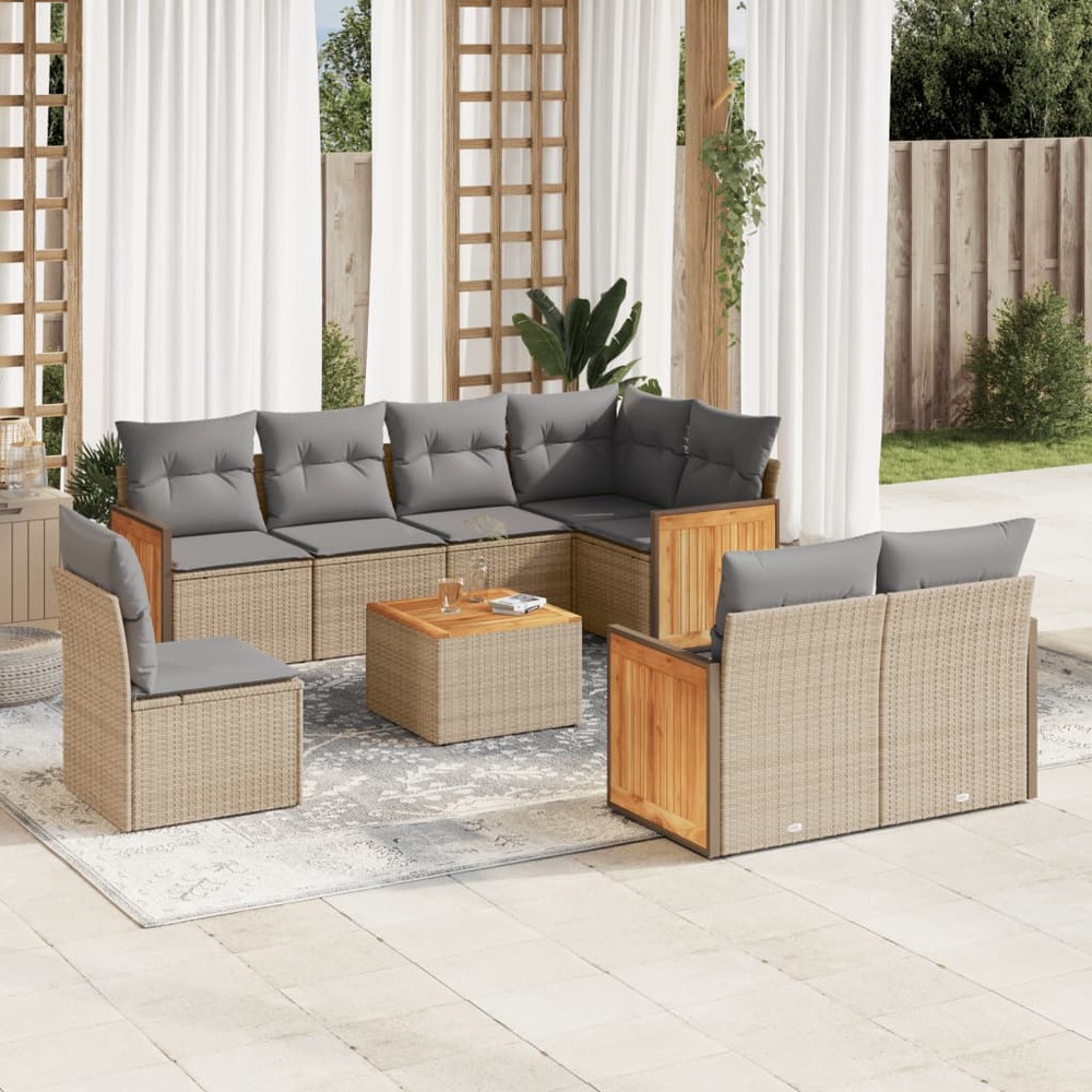 Salon de jardin avec coussins 9 pcs beige résine tressée