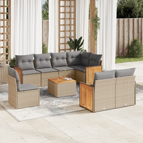 Salon de jardin avec coussins 9 pcs beige résine tressée
