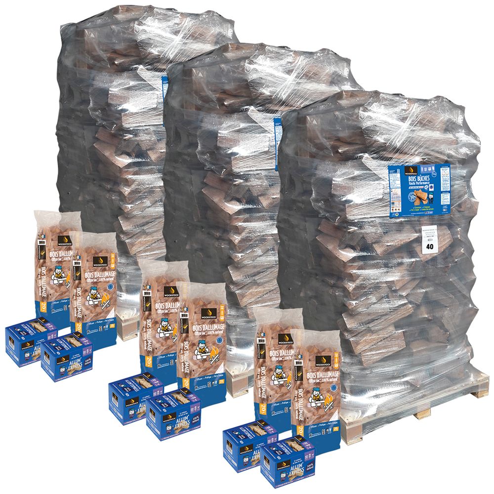 Bois de chauffage haute performance, lot de 3 ballots de 2 000 dm3 - bûches de 40cm + allumage offerts