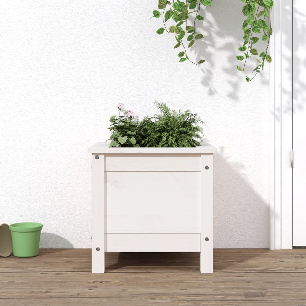 Jardinière carrée 40cm bois de pin massif pour plantes et fleurs blanc