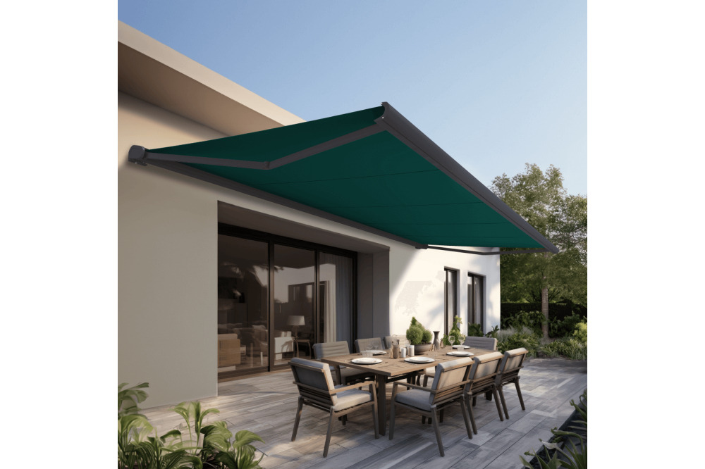 Store banne coffre intégral protect 2 smart gris anthracite 6x3,5m motorisé à  télécommande + capteur vent - toile verte