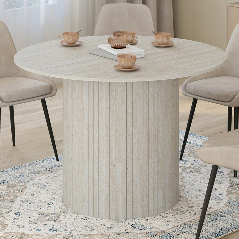 Table à manger ronde juliette 6 personnes pied central effet lattes façon travertin 110 cm