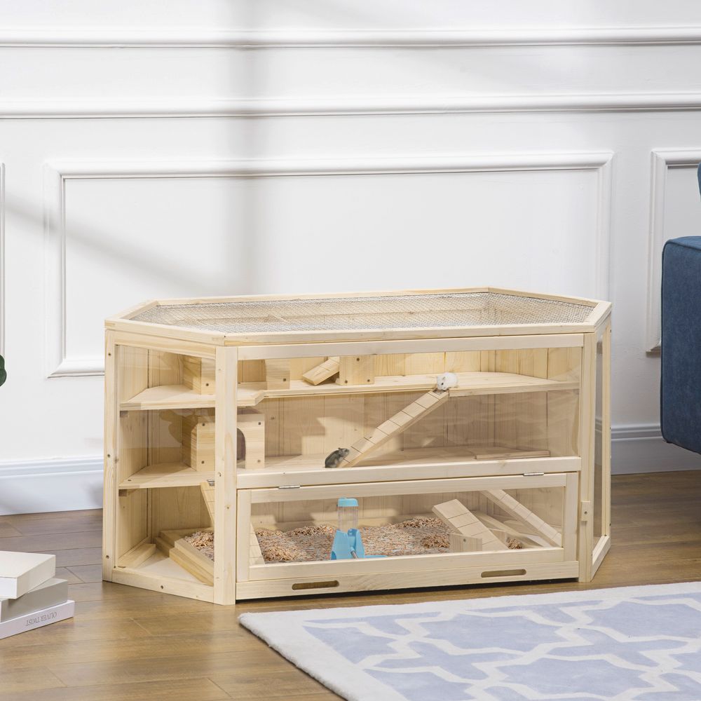 Cage hamster bois sapin rongeur 3 niveaux toit ouvrant 115x60x55cm naturel - comfortxl pet living