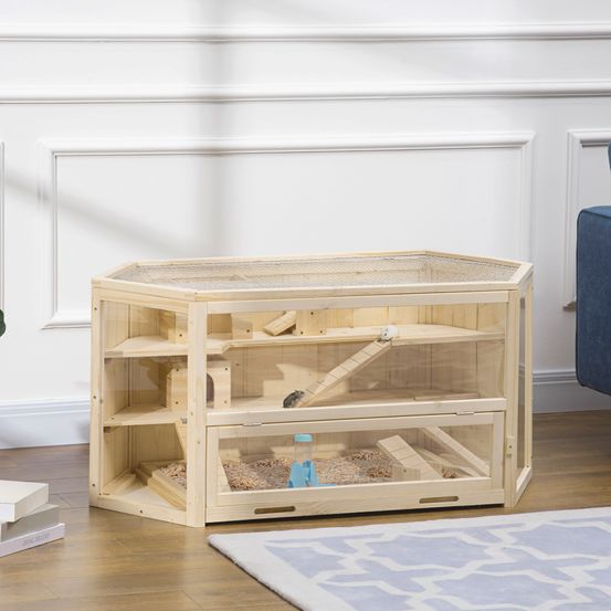 Cage hamster bois sapin rongeur 3 niveaux toit ouvrant 115x60x55cm naturel - comfortxl pet living