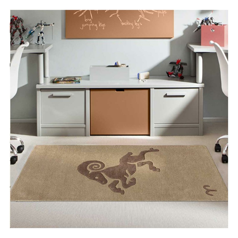 Tapis entrée 70x130 fait main en laine beige rectangle motif géométrique aries