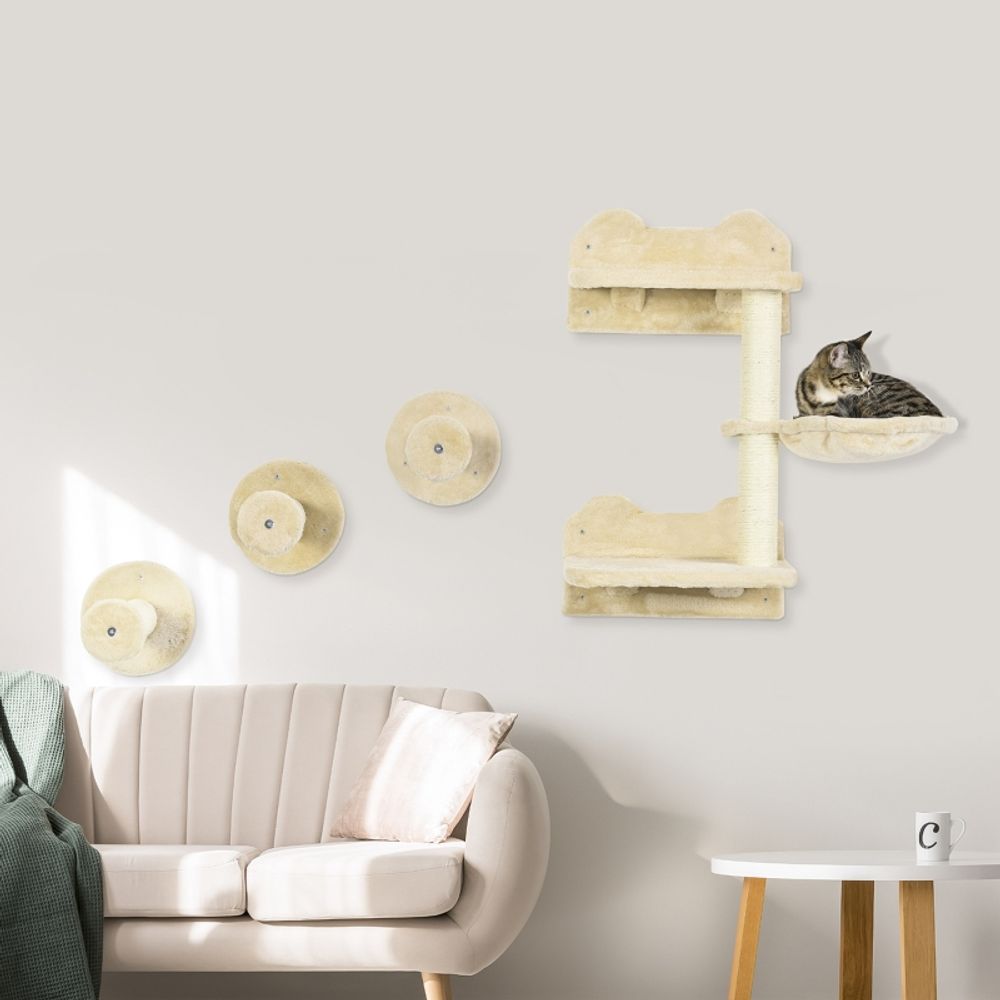 Parcours mural chat peluche griffoir hamac et marches 4 pièces beige - comfortxl pet living