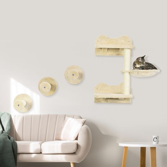 Parcours mural chat peluche griffoir hamac et marches 4 pièces beige - comfortxl pet living