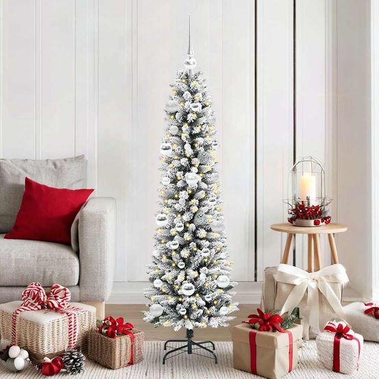 Kit sapin de noël flocqué 150 cm, décorations et guirlande 150 led incluses