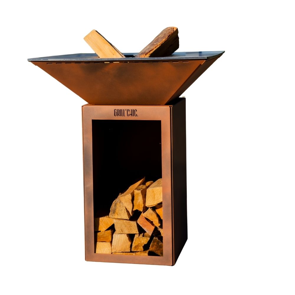 Cevenol double cuve aluminium - brasero avec rangement bois imitation corten - robuste et pratique pour des soirées chaleureuses en