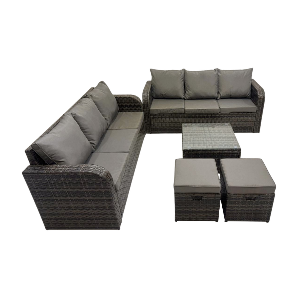 Meubles de jardin en rotin 8 places avec gris coussins 2 petits tabourets