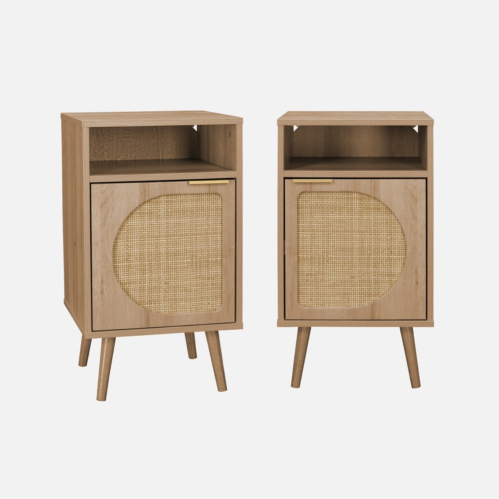 Lot de 2 tables de chevet, eva, décor bois et cannage arrondi, une porte, un espace de rangement, l40 x l39 x h70cm