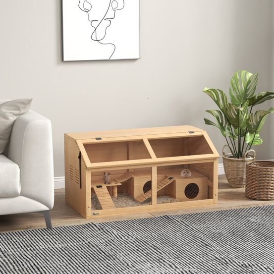 Cage grand hamster bois sapin rongeurs nains accessoires jeu 85x45x44cm naturel