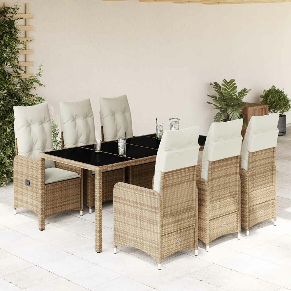 Ensemble de bistro de jardin 7 pcs coussins beige poly rotin